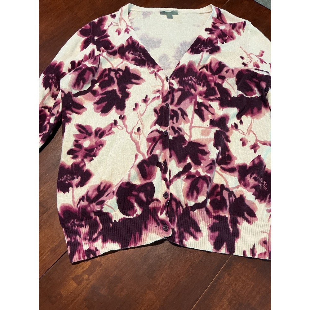 St. Johns Bay Womens Large Purple Cream Floral Cotton Button Front Cardigan